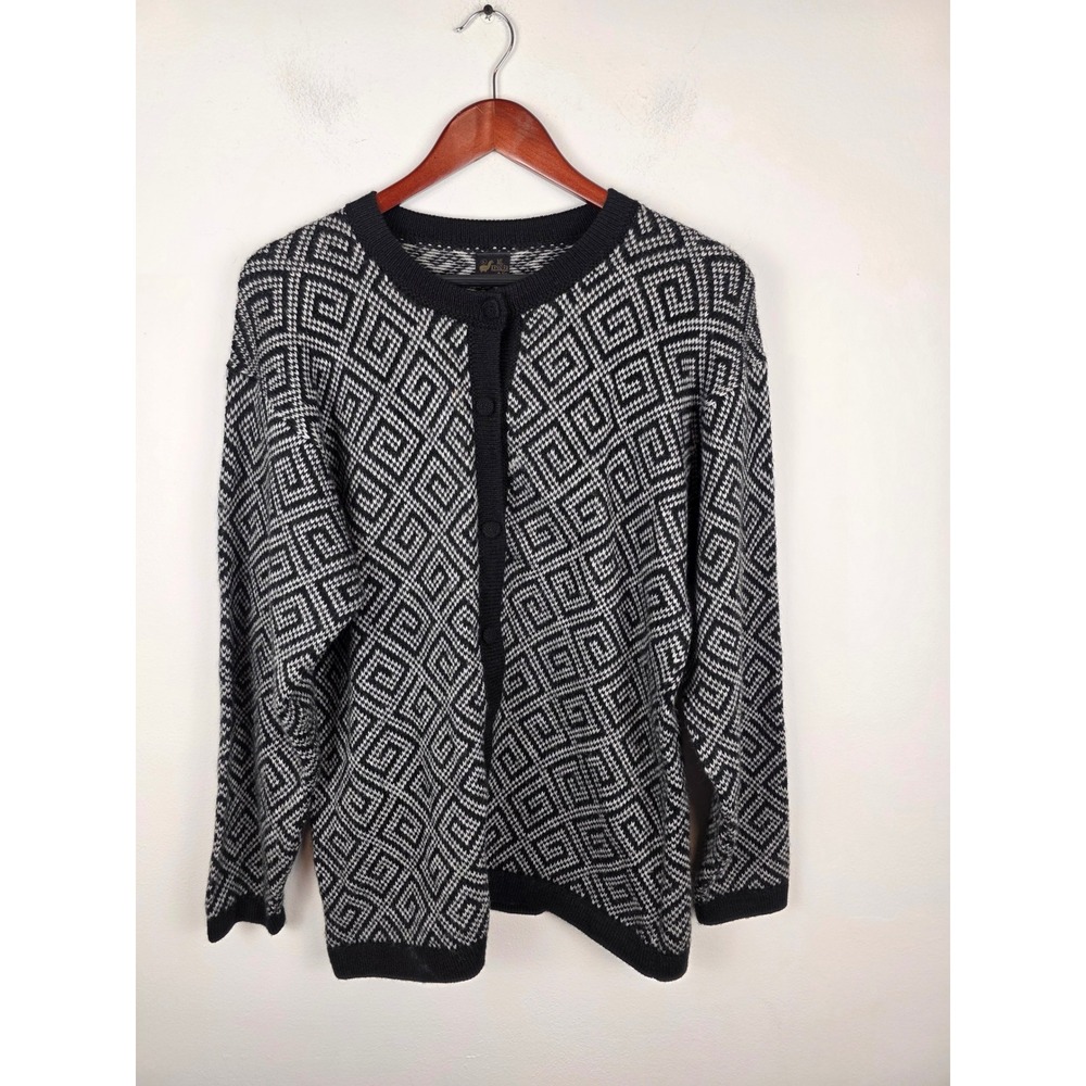 ML Kessler Alpaca Wool Geometric Diamond Knit Cardigan Sweater Black White Large